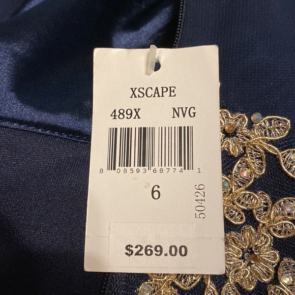 XSCAPE Gold and Navy Blue Party Dress with Beaded Accents - Picture 9 of 9